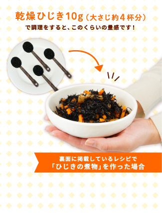乾燥ひじき10ｇ（大さじ約4杯分）で調理をすると、このくらいの量感です！ 裏面に掲載しているレシピで「ひじきの煮物」を作った場合